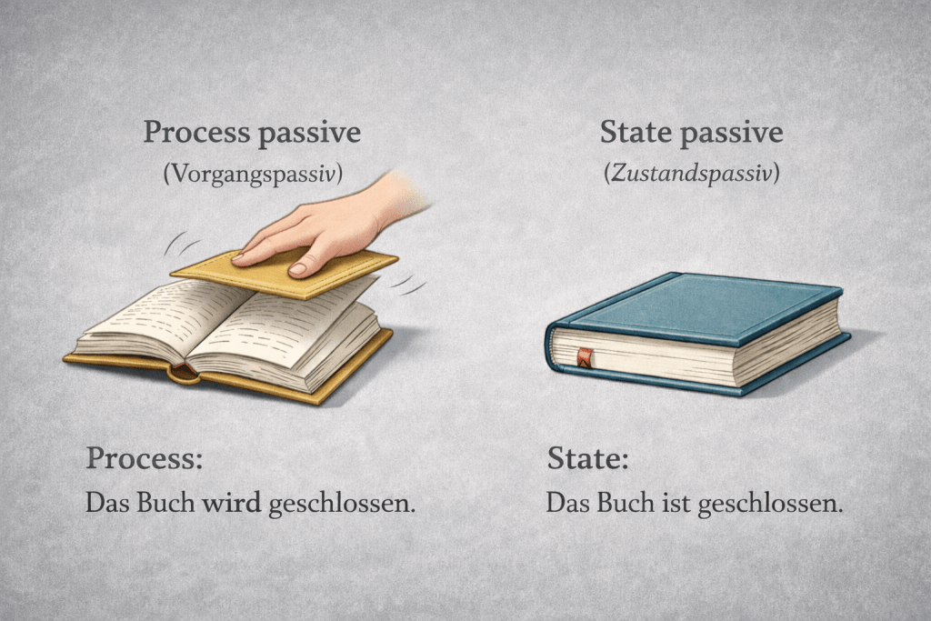 Diagram showing the German passive voice (Das Buch wird geöffnet) and the state passive (Das Buch ist geöffnet) with one open and one closed book.